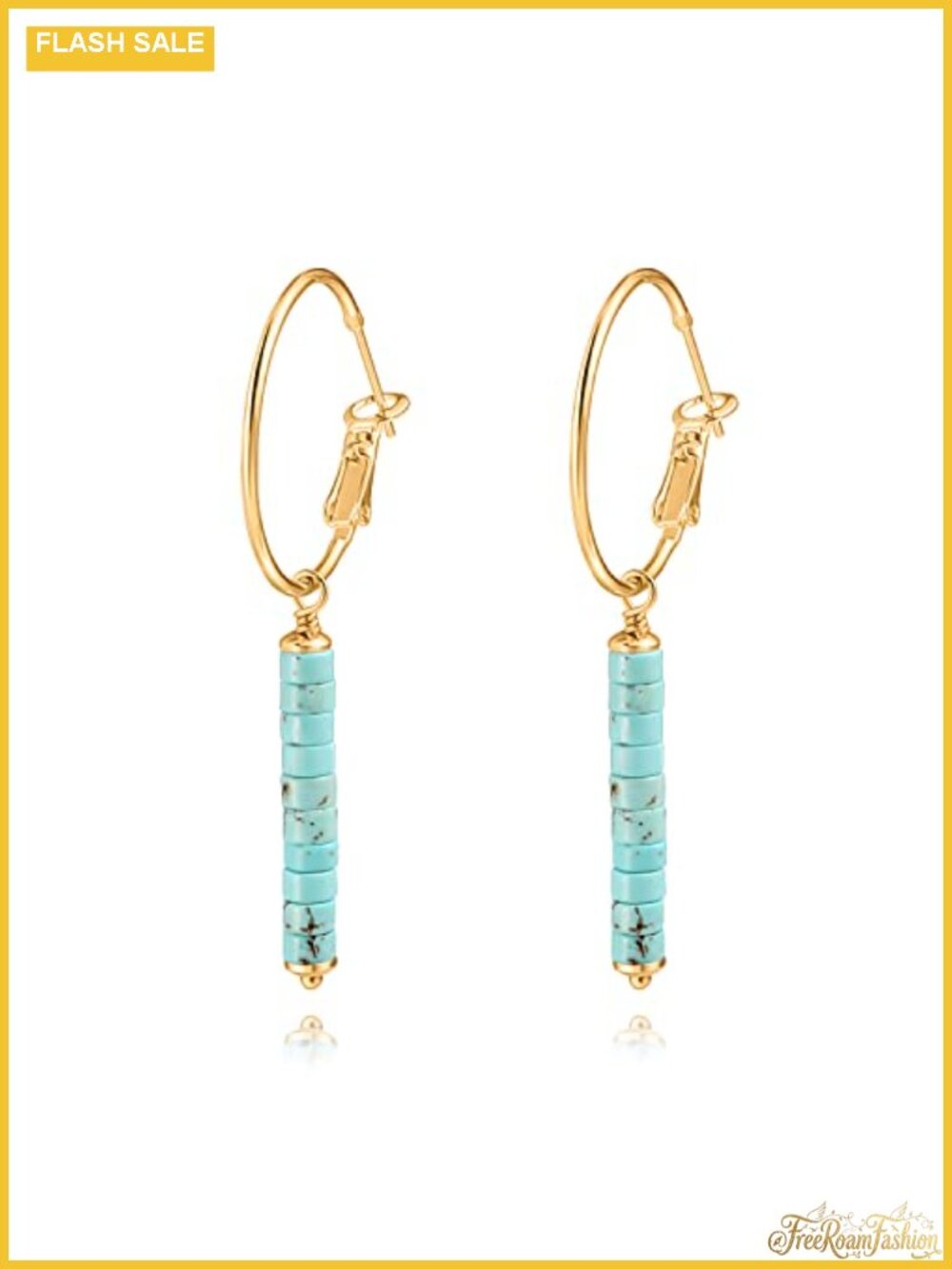 Gold Huggie Hoop Drop Earrings Turquoise Beads Boho Handmade Lightweight Jewelry